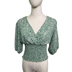 1.STATE Green Floral Smocked Waist Puff Sleeve Blouse Size S
